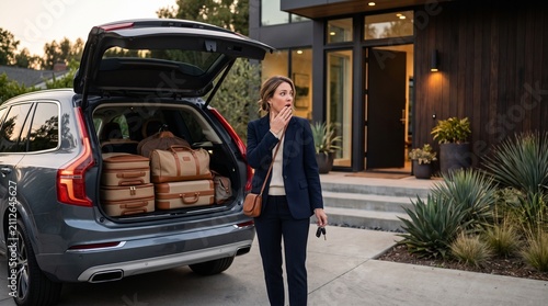 Woman loading car for travel near modern home. A woman stands next to the open trunk of a car filled with luggage, seemingly preparing for a journey.