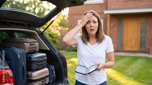 Forgetful Traveler's Dilemma: A woman, clearly flustered, stands beside a car trunk overflowing with luggage, realizing she might have forgotten something essential for her trip.
