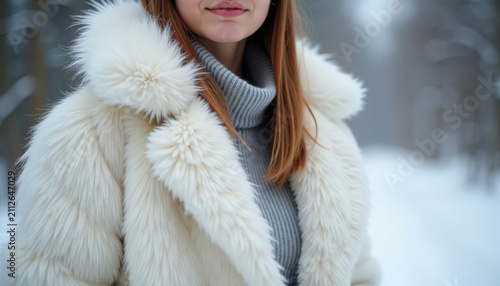 Winter fashion with a woman in fluffy white coat and grey turtleneck in snowy landscape. Winter outfit features stylish coat and cozy sweater against blurred forest background.