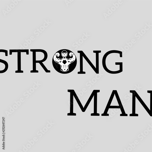 Minimalist strong man typography design with a muscular bodybuilder icon integrated into the letter O, creating a bold fitness and gym themed graphic.
