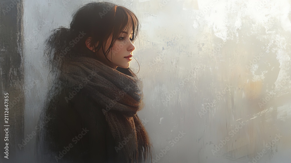 Obraz premium Pensive asian young female in warm attire against frosted window