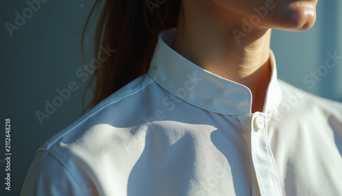 Close-up of woman wearing white collar shirt in soft natural light. Fashionable shirt highlights modern clothing style and clean lines of design. Perfect for fashion editorial, branding,