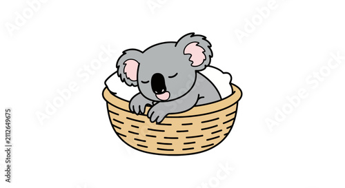 Photography Sleeping koala character inside a woven basket.