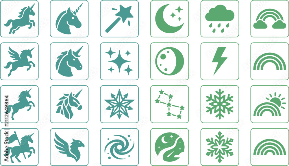 Obraz premium Set of cute green hand drawn magical unicorn and celestial weather icons on white background