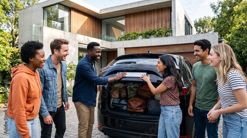 Vacation Preparation: A group of diverse friends excitedly pack luggage into a car parked in front of a modern home, ready for an adventure.