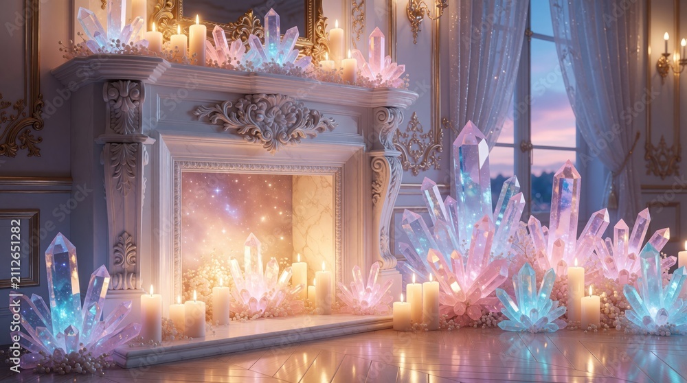 Obraz premium White marble fireplace mantle decorated with glowing pastel crystals, burning wax candles. Elegant living room features ornate gold carvings plus soft twilight window light. Magical interior design