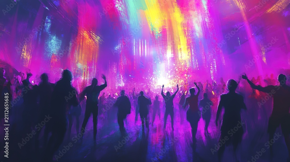 Fototapeta premium Vibrant nightclub scene with silhouettes and colorful abstract lights