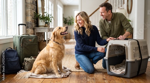 Preparing for Adventure: A happy couple prepares their golden retriever for a trip, with luggage and a carrier ready by the door.