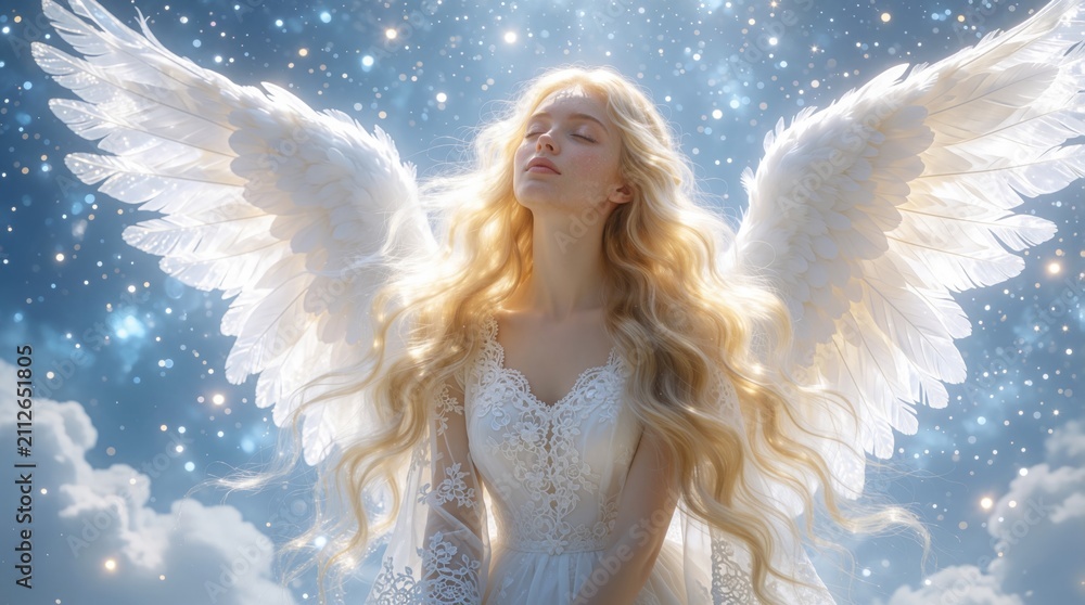 Fototapeta premium Beautiful young woman with blonde hair, white wings stands in starry sky. Divine angel wearing lace dress breathes calm air. Spiritual character represents peace, protection. Magical heavenly scene