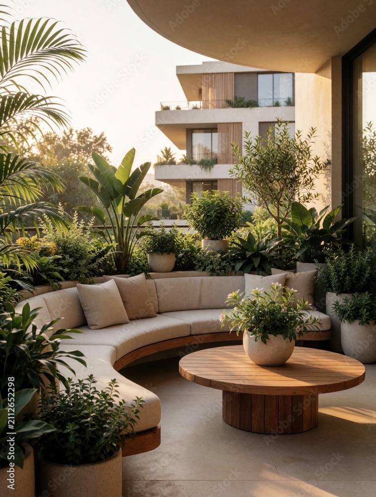 Obraz premium Curved beige sofa on modern outdoor balcony with round wooden coffee table. Rich potted green plants surround luxury seating area. Warm sunlight illuminates elegant contemporary patio decor.