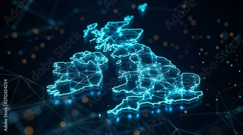 Glowing blue map of the UK and Europe with a network of digital connections.