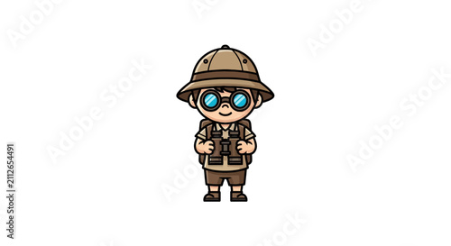 Картината върху платно Cartoon boy explorer with pith hat and binoculars.
