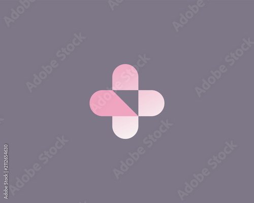 Abstract medical cross vector logo. Rounded pill or plus sign logotype. Soft geometric symbol for healthcare, pharmacy and wellness brands