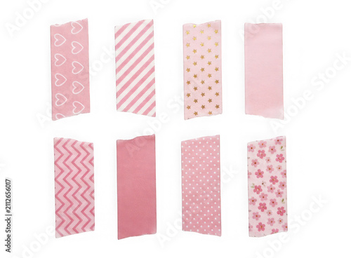 Set of eight pink decorative washi tape strips with various patterns isolated on transparent background