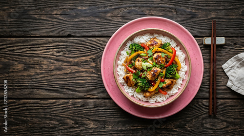 Stir fried chicken with broccoli, yellow bell peppers, and sesame seeds served over white rice in a pink bowl on a dark rustic wooden table