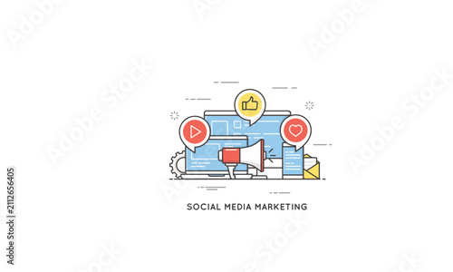 Social Media Marketing Flat Vector Illustration with Smartphone, Content Creation, Digital Communication and Online Networking