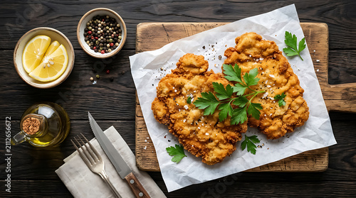 Two crispy golden brown breaded schnitzel cutlets served on white parchment paper with fresh green parsley, lemon wedges, and peppercorns