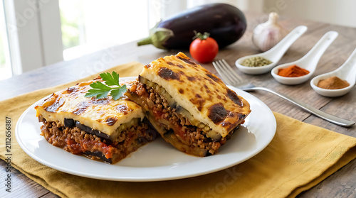 Two slices of traditional greek moussaka with layers of eggplant, minced meat, and b?chamel sauce on a white plate with spices and fresh vegetables
