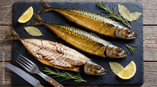Two whole smoked mackerel fish and one filleted fish on a black slate board with lemon, bay leaves, rosemary, a fork, and a knife on wood
