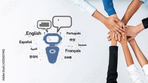 фотографія This image captures the essence of teamwork and diversity with hands joined together around a robot displaying multilingual speech bubbles, emphasizing collaboration across cultures