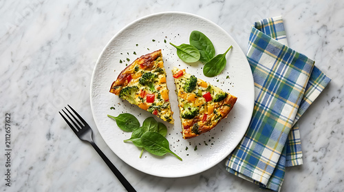 Two slices of vegetable pizza frittata with broccoli and red bell peppers served on a white plate with fresh spinach leaves and a blue plaid napkin