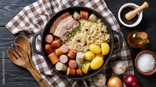 Traditional german dish of sauerkraut with sliced sausages and pork belly in a cast iron pot on a plaid napkin, down view