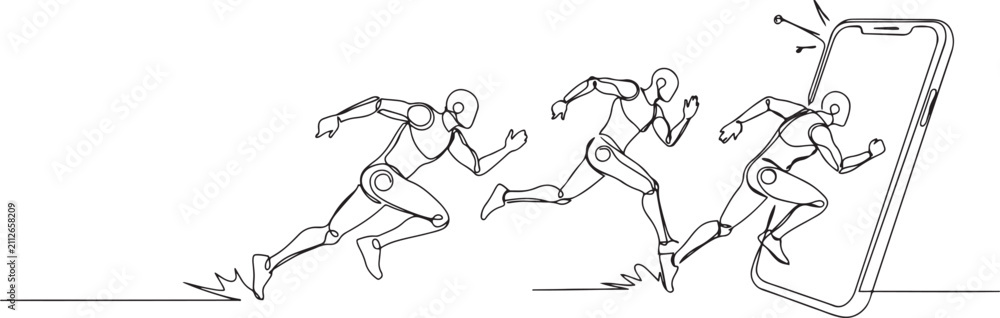 Fototapeta premium robots come out from cellular phone with runner pose. Modern robotics artificial intelligence technology.one line vector drawing