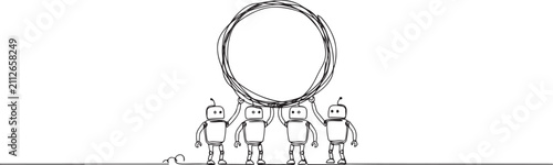 Obraz na płótnie Single continuous line drawing group of robots work together carrying heavy messy circle
