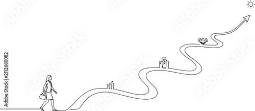 Foto Woman follows a winding arrow road in single line draw