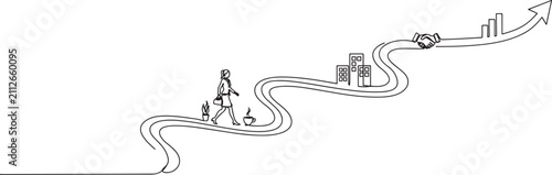 Foto Woman follows a winding arrow road in single line draw