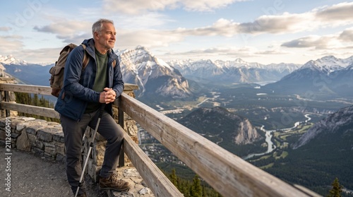 Mountain Majesty: A seasoned adventurer, distinguished by his grey hair and backpack, pauses on a scenic overlook to admire a breathtaking panorama of snow-capped peaks and a winding valley below.