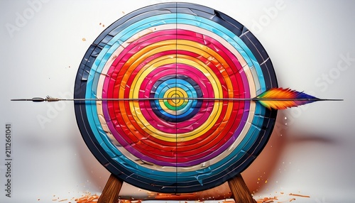 an arrow hits the bullseye of a colorful archery target isolated on white background