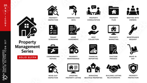 Property Management Glyph Icon Set with Real Estate, Rental Services and Building Maintenance Collection
