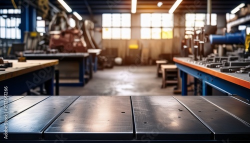 empty industrial metal workbench surface with blurred workshop background
