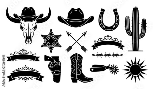 Фотография Western cowboy Wild West skull hat cactus horseshoe sheriff badge and barbed wir