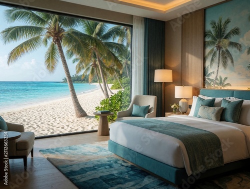 Bedroom with large window view of tropical beach and palm trees. Luxurious hotel room with comfy bed and ocean panorama. Ideal vacation spot for relaxation and seaside escape.