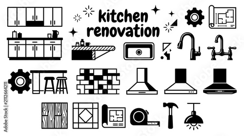 kitchen renovation elements featuring cabinets countertops sinks faucets islands backsplashes range hoods flooring and modern remodeling materials vector collection set for interior design home