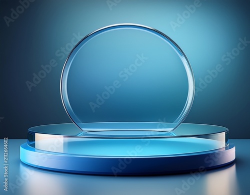 minimalist d display stand mockup with blue round platform and glass circle on gradient background product showcase