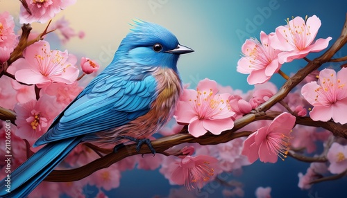a beautiful blue bird sitting on a blooming pink flower tree branch