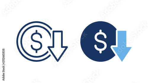Two icons depicting a dollar coin with a downward arrow, representing financial decline or a drop in value.