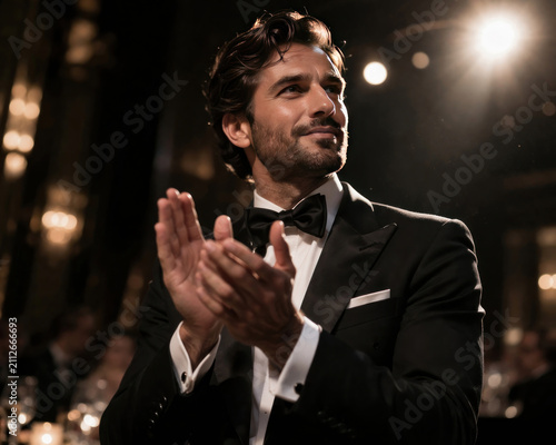 Elegant man in tuxedo applauding at luxury gala event