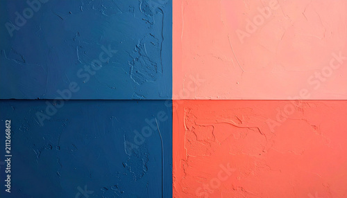 Minimalist colorful color block background with four quadrants in navy blue, coral pink, and pastel orange tones. Textured plaster paint wall surface mockup ideal for modern art and product display.