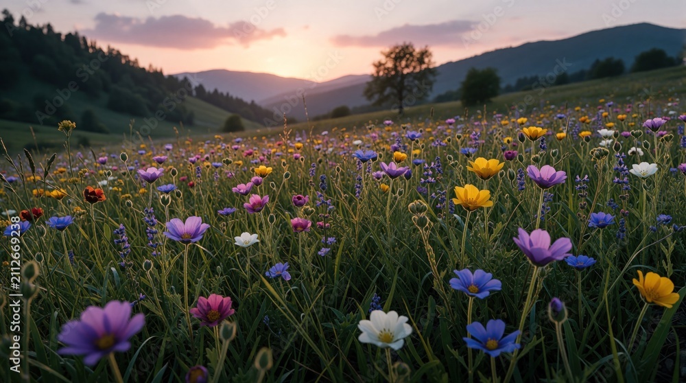 Obraz premium Colorful wildflowers bloom in mountain valley at sunset. Diverse flowers in purple, yellow, pink, and blue fill vast field with rolling hills beyond. Soft sky colors at dusk create peaceful landscape.