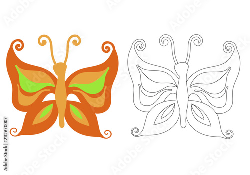 Butterfly coloring page for kids with a color sample. Vector illustration isolated on a white background.