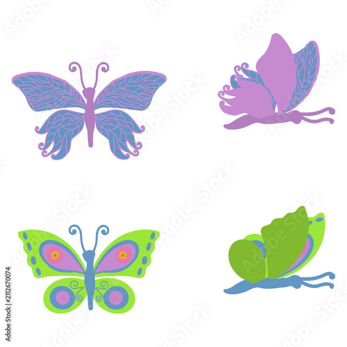 Blue and green butterflies. Side and top views. Vector illustration isolated on a white background.