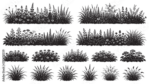 Canvastavla CAD line art side elevation wildflower and ornamental grass silhouettes set for