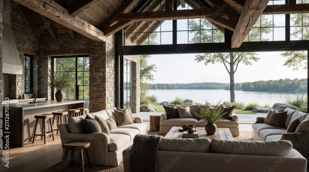 Fototapeta premium Rustic living room with lake view, stone walls, wood beams. Modern kitchen island, comfortable sofas, natural materials create cozy atmosphere for relaxation, family time. Large windows offer scenic