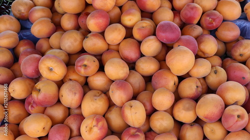 overhead view of a large pile of fresh ripe apricots