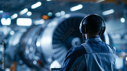 Rear view of a heavy-set faceless aircraft mechanic in a jumpsuit and ear protection standing in a hangar, facing a large jet engine turbine during maintenance and inspection,