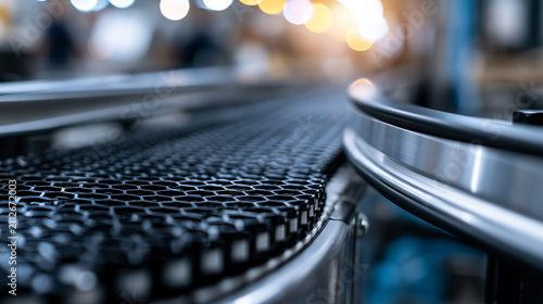 Industrial conveyor belt system featuring a black hexagonal pattern rubber track, automated material handling and manufacturing logistics concept, with copy space
